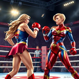 Supergirl and Captain Marvel are engaged in an intense boxing match, both wearing colorful bikinis that reflect their iconic colors