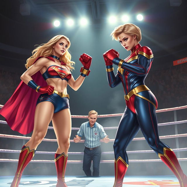 Supergirl and Captain Marvel are engaged in an intense boxing match, both wearing colorful bikinis that reflect their iconic colors