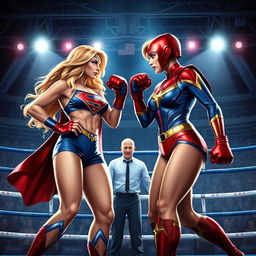 Supergirl and Captain Marvel are engaged in an intense boxing match, both wearing colorful bikinis that reflect their iconic colors