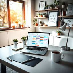 A visually inspiring workspace showcasing productivity, featuring a sleek, modern desk with a laptop open displaying a vibrant planner app
