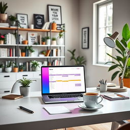 A visually inspiring workspace showcasing productivity, featuring a sleek, modern desk with a laptop open displaying a vibrant planner app