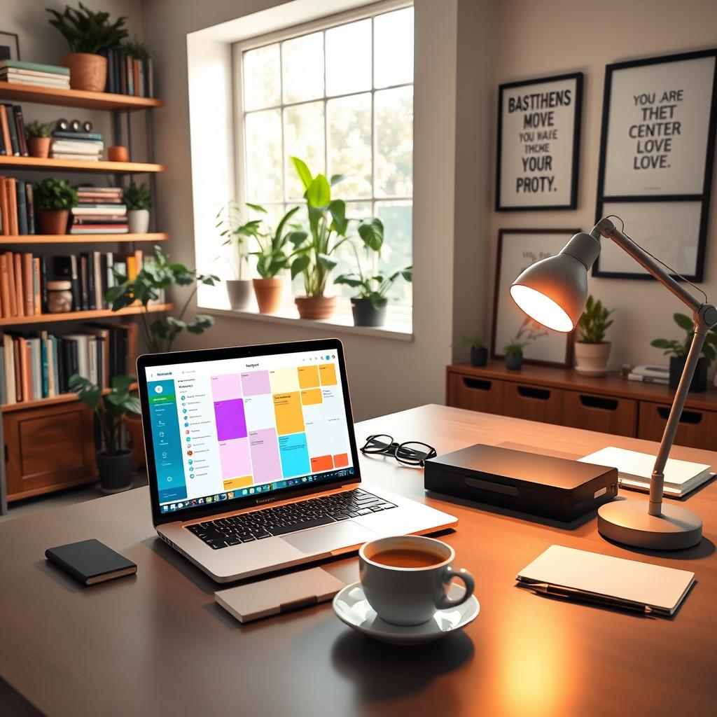 A visually inspiring workspace showcasing productivity, featuring a sleek, modern desk with a laptop open displaying a vibrant planner app