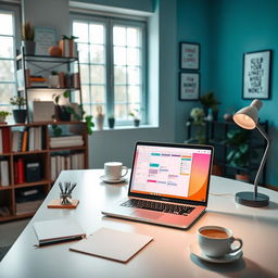 A visually inspiring workspace showcasing productivity, featuring a sleek, modern desk with a laptop open displaying a vibrant planner app