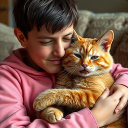 An orange cat with a bloodied mouth, covered in a concrete texture, snuggles up to a 20-year-old boy wearing a pink outfit