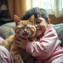 An orange cat with a bloodied mouth, covered in a concrete texture, snuggles up to a 20-year-old boy wearing a pink outfit