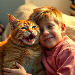 An orange cat with a bloodied mouth, covered in a concrete texture, snuggles up to a 20-year-old boy wearing a pink outfit