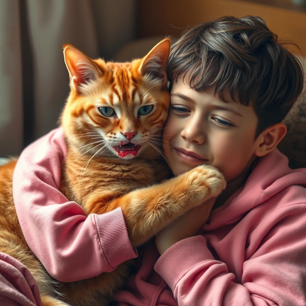 An orange cat with a bloodied mouth, covered in a concrete texture, snuggles up to a 20-year-old boy wearing a pink outfit