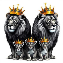 A majestic scene featuring two adult lions and two male lion cubs, all adorned with exquisite gold crowns