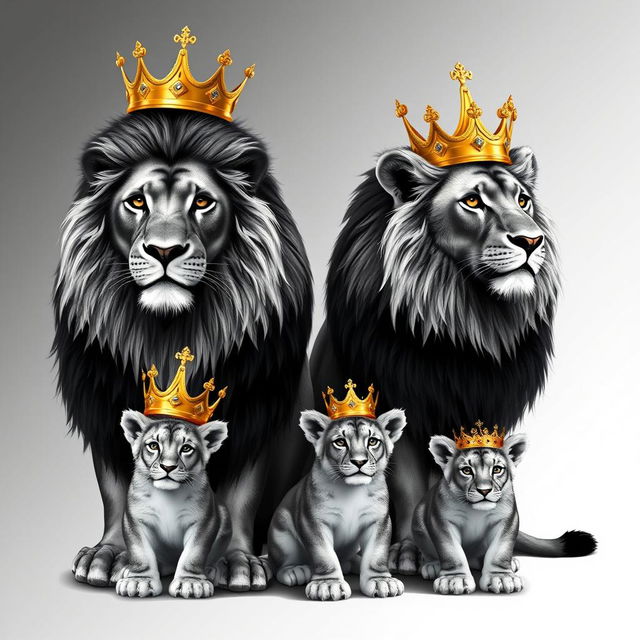 A majestic scene featuring two adult lions and two male lion cubs, all adorned with exquisite gold crowns