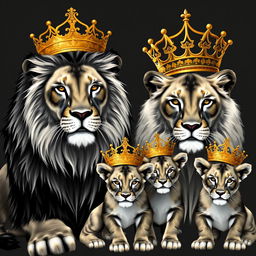 A majestic scene featuring two adult lions and two male lion cubs, all adorned with exquisite gold crowns