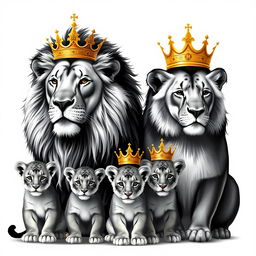A majestic scene featuring two adult lions and two male lion cubs, all adorned with exquisite gold crowns