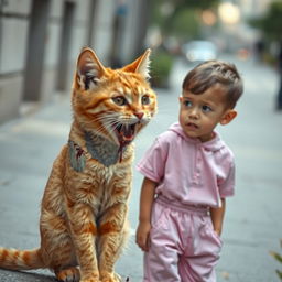 An orange cat with a bloodied mouth and a body that looks like it is made of concrete, approaching a 20-year-old boy who is wearing a pink outfit