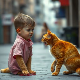 An orange cat with a bloodied mouth and a body that looks like it is made of concrete, approaching a 20-year-old boy who is wearing a pink outfit
