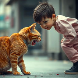 An orange cat with a bloodied mouth and a body that looks like it is made of concrete, approaching a 20-year-old boy who is wearing a pink outfit