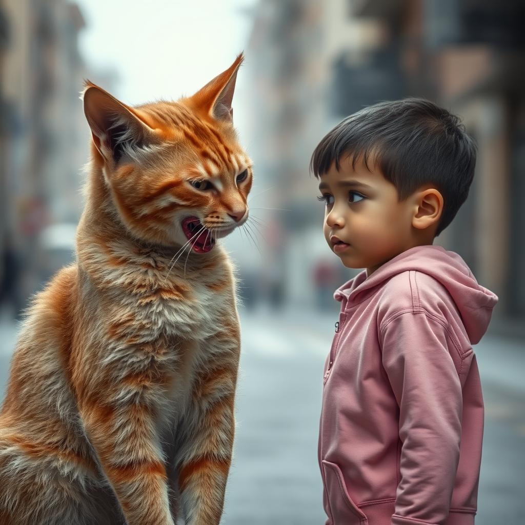 An orange cat with a bloodied mouth and a body that looks like it is made of concrete, approaching a 20-year-old boy who is wearing a pink outfit