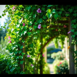 A lush and vibrant view of green vines intertwining gracefully around a wooden trellis, creating a natural archway filled with fresh leaves and delicate tendrils