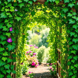 A lush and vibrant view of green vines intertwining gracefully around a wooden trellis, creating a natural archway filled with fresh leaves and delicate tendrils