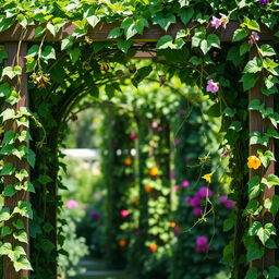 A lush and vibrant view of green vines intertwining gracefully around a wooden trellis, creating a natural archway filled with fresh leaves and delicate tendrils