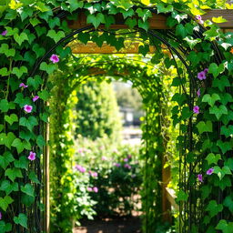 A lush and vibrant view of green vines intertwining gracefully around a wooden trellis, creating a natural archway filled with fresh leaves and delicate tendrils
