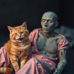 An orange cat with blood around its mouth, sitting next to a man whose body appears to be made of concrete