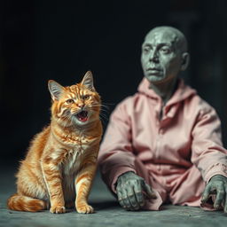 An orange cat with blood around its mouth, sitting next to a man whose body appears to be made of concrete
