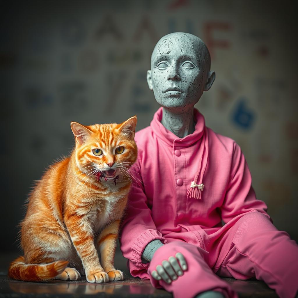 An orange cat with blood around its mouth, sitting next to a man whose body appears to be made of concrete