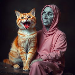 An orange cat with blood around its mouth, sitting next to a man whose body appears to be made of concrete