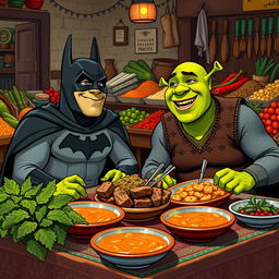 Batman and Shrek enjoying Iranian Kale Pache, seated at a traditional Persian table adorned with colorful dishes, surrounded by a vibrant market setting with spices and fresh vegetables in the background