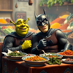 Batman and Shrek enjoying Iranian Kale Pache, seated at a traditional Persian table adorned with colorful dishes, surrounded by a vibrant market setting with spices and fresh vegetables in the background