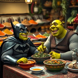 Batman and Shrek enjoying Iranian Kale Pache, seated at a traditional Persian table adorned with colorful dishes, surrounded by a vibrant market setting with spices and fresh vegetables in the background