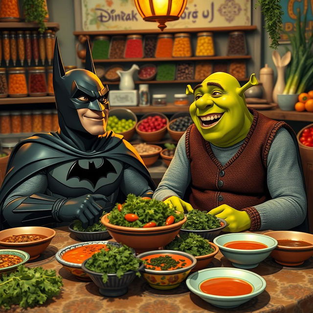 Batman and Shrek enjoying Iranian Kale Pache, seated at a traditional Persian table adorned with colorful dishes, surrounded by a vibrant market setting with spices and fresh vegetables in the background