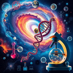 An intricate and visually stunning representation of various scientific phenomena, including a galaxy swirling with vibrant colors, a close-up of a DNA double helix, and a beautifully detailed microscope showing cell structures