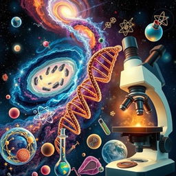 An intricate and visually stunning representation of various scientific phenomena, including a galaxy swirling with vibrant colors, a close-up of a DNA double helix, and a beautifully detailed microscope showing cell structures
