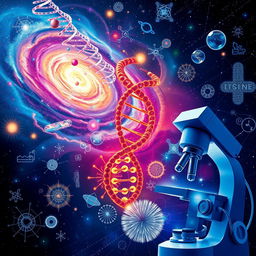 An intricate and visually stunning representation of various scientific phenomena, including a galaxy swirling with vibrant colors, a close-up of a DNA double helix, and a beautifully detailed microscope showing cell structures