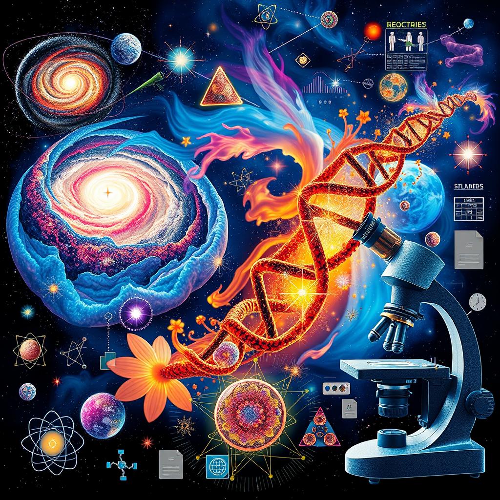 An intricate and visually stunning representation of various scientific phenomena, including a galaxy swirling with vibrant colors, a close-up of a DNA double helix, and a beautifully detailed microscope showing cell structures