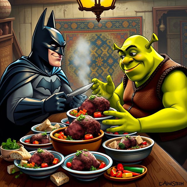 Batman and Shrek enjoying Iranian Kaleh Pacheh (a traditional sheep head dish) at a rustic table, vibrant colors, and a warm inviting atmosphere