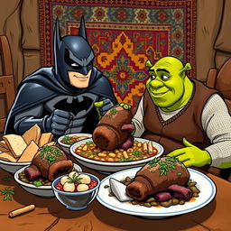 Batman and Shrek enjoying Iranian Kaleh Pacheh (a traditional sheep head dish) at a rustic table, vibrant colors, and a warm inviting atmosphere