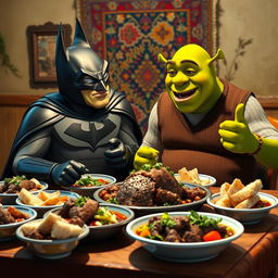 Batman and Shrek enjoying Iranian Kaleh Pacheh (a traditional sheep head dish) at a rustic table, vibrant colors, and a warm inviting atmosphere