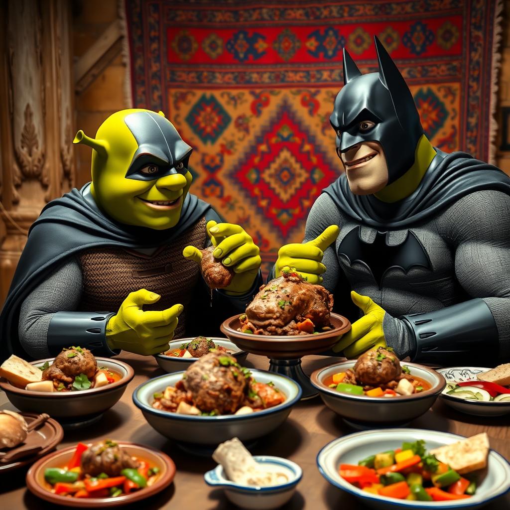 Batman and Shrek enjoying Iranian Kaleh Pacheh (a traditional sheep head dish) at a rustic table, vibrant colors, and a warm inviting atmosphere