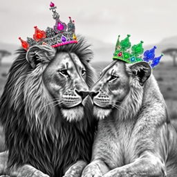A striking image of a majestic adult lion and lioness, both realistically depicted, with intricate black and white detail