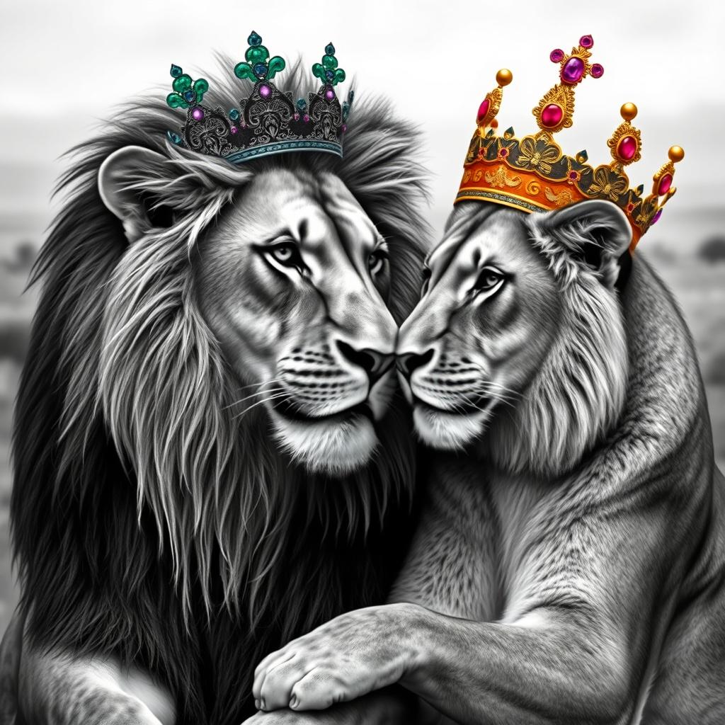 A striking image of a majestic adult lion and lioness, both realistically depicted, with intricate black and white detail