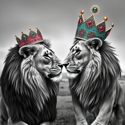 A striking image of a majestic adult lion and lioness, both realistically depicted, with intricate black and white detail