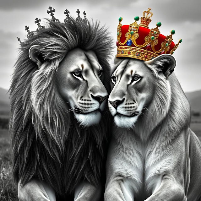 A striking image of a majestic adult lion and lioness, both realistically depicted, with intricate black and white detail