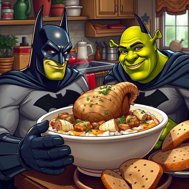 Batman and Shrek enjoying a large bowl of Iranian kaleh paacheh, a traditional Persian dish consisting of boiled sheep's head, served with fresh herbs and Iranian bread