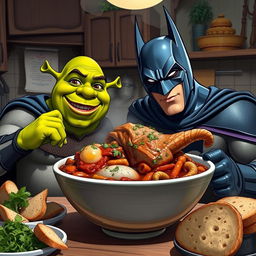 Batman and Shrek enjoying a large bowl of Iranian kaleh paacheh, a traditional Persian dish consisting of boiled sheep's head, served with fresh herbs and Iranian bread
