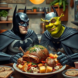 Batman and Shrek enjoying a large bowl of Iranian kaleh paacheh, a traditional Persian dish consisting of boiled sheep's head, served with fresh herbs and Iranian bread