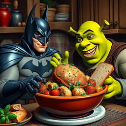 Batman and Shrek enjoying a large bowl of Iranian kaleh paacheh, a traditional Persian dish consisting of boiled sheep's head, served with fresh herbs and Iranian bread