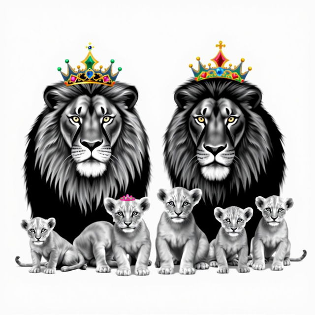 A stunning black and white scene featuring a regal adult lion and a noble lioness, positioned majestically against a minimalist background