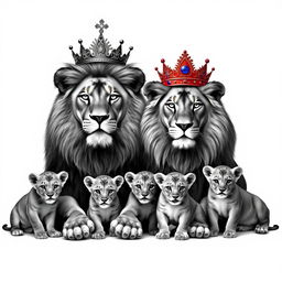 A stunning black and white scene featuring a regal adult lion and a noble lioness, positioned majestically against a minimalist background