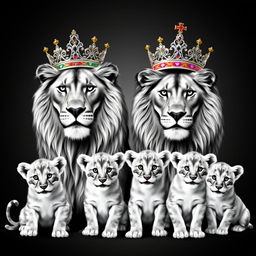 A stunning black and white scene featuring a regal adult lion and a noble lioness, positioned majestically against a minimalist background